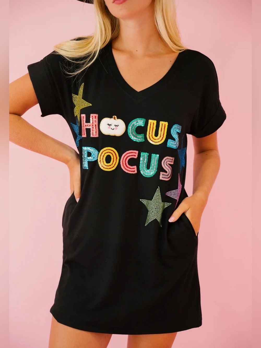 Hocus Pocus Black Kids V-Neck Shirt with Colorful Embellished Letters